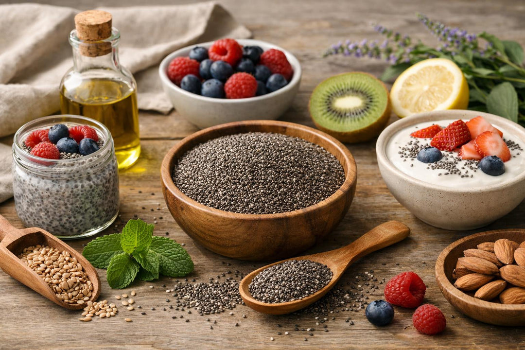 Bol de pudín de chía que ilustra los beneficios de las semillas de chía