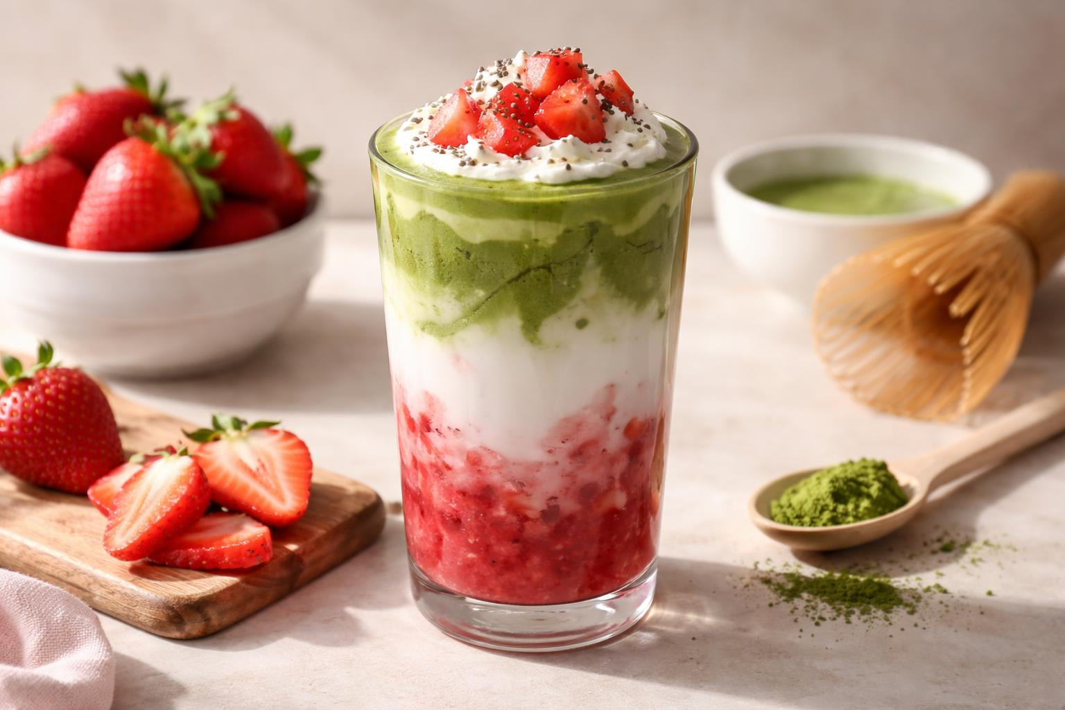 Latte de matcha y fresa
